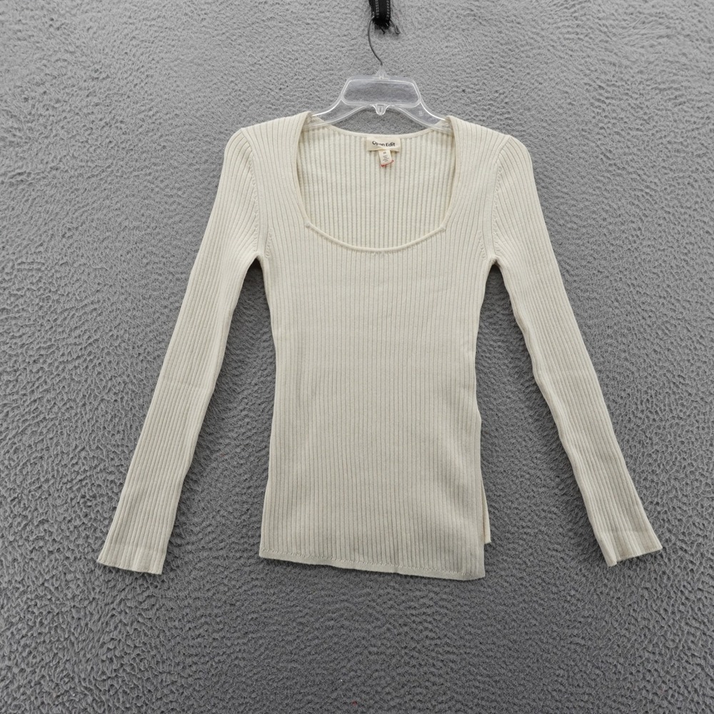 Open Edit Womens Ribbed Square Neck Long Sleeve Slim Fit Top Cream XS NEW